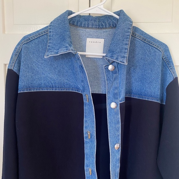 Sandro Gwenaelle Dual-Material Oversized Denim Jacket - Picture 5 of 6